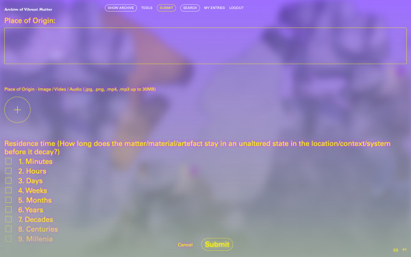 The Archive of Vibrant Matter website screenshot